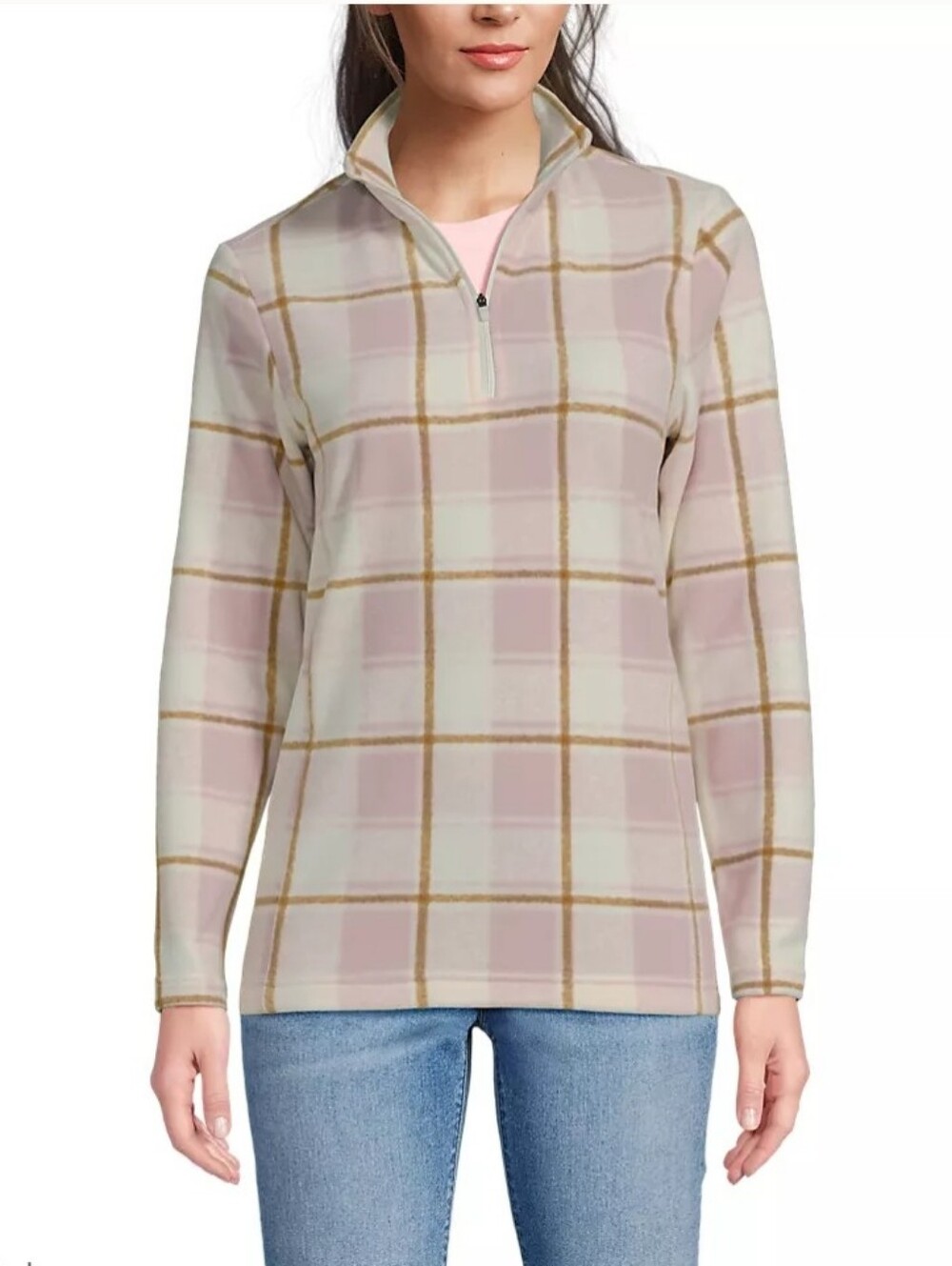 Lands End Any weather Fleece Pullover Size XL Quarter Zip Mauve White Plaid